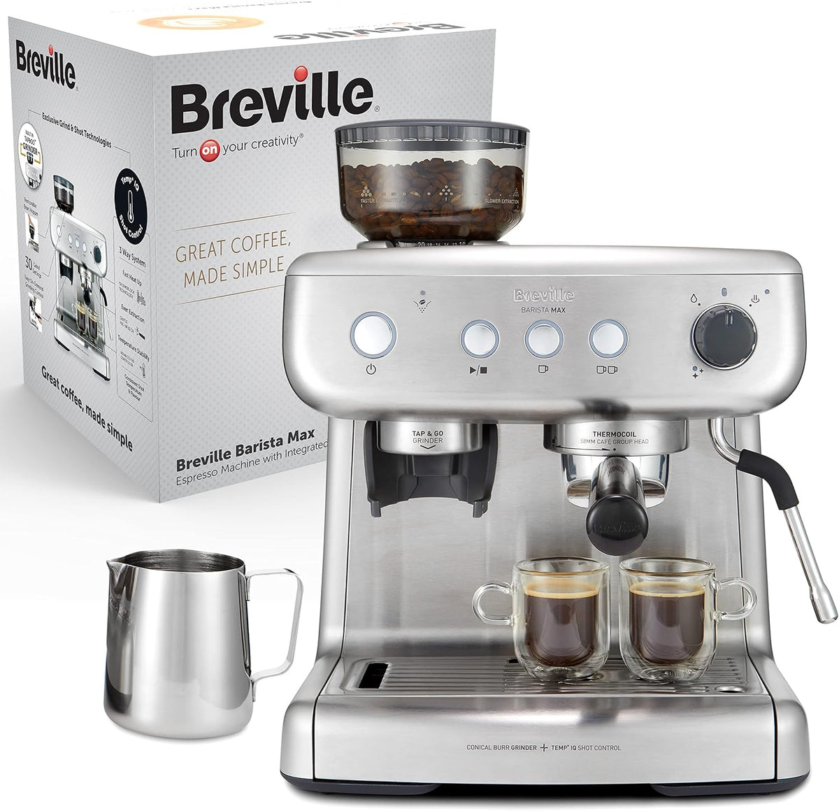 Breville Milchaufschäumer, 15 Bar, Silber, Barista Max Siebträgermaschine, Espressomaschine/Kaffeemaschine mit integriertem Mahlwerk