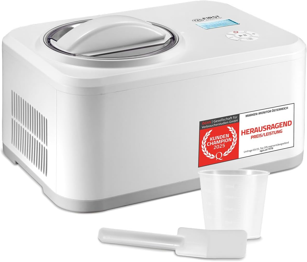 TZS First Austria Eismaschine, 1,5 L, 120 W, Weiß, 4-in-1 Speiseeis- & Joghurtbereiter mit Heizfunktion