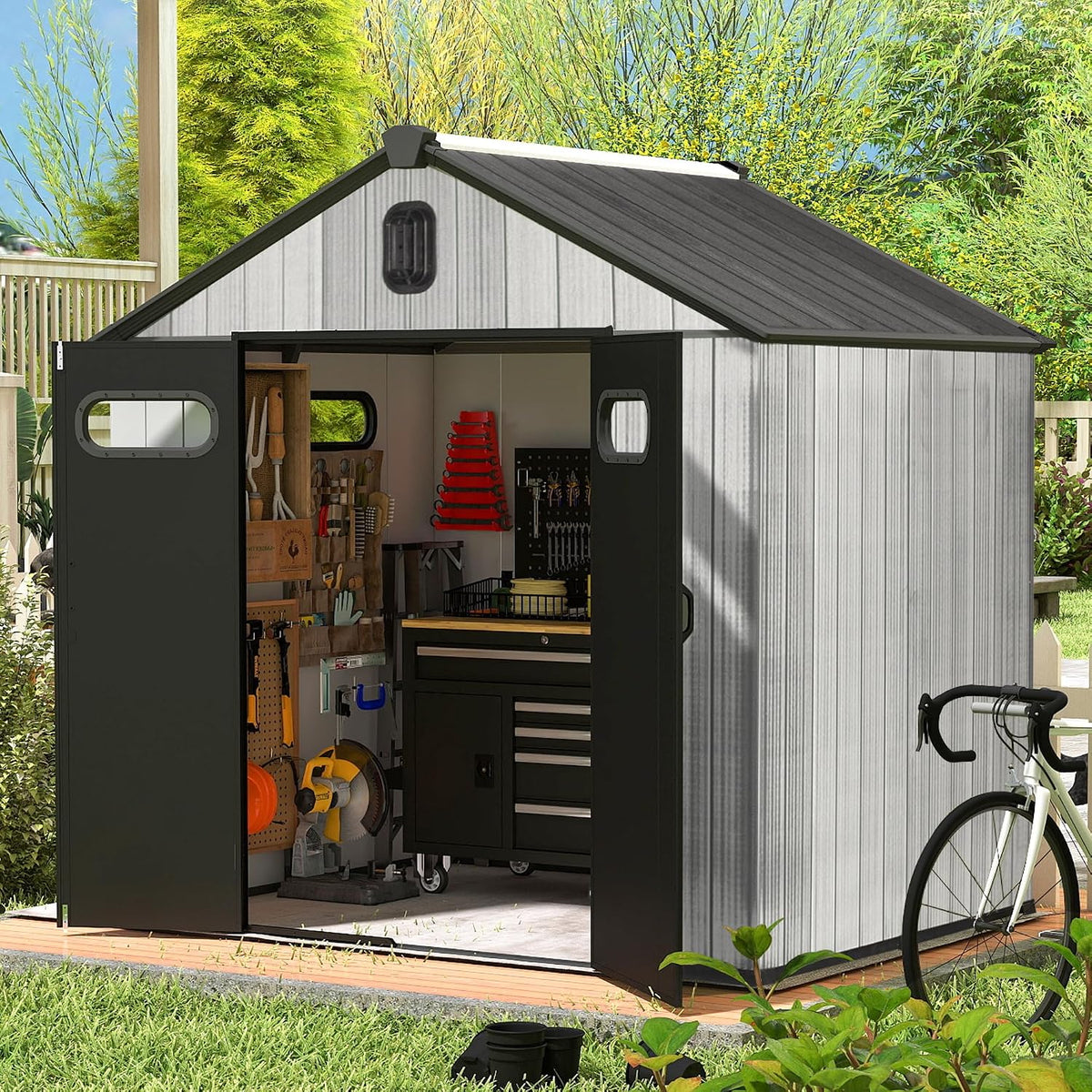domi outdoor living Gerätehaus, 2,4 m, Grau/Schwarz, 4 x Gartenhaus aus Kunstharz, Allwetter-Doppelwand-Lagergebäude für Hinterhof