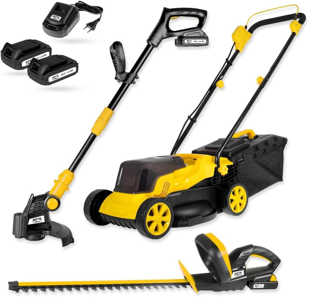 MISTER TOOL Rasentrimmer, 20 V, Gelb/Schwarz, Akku-Garten-Set, Rasenmäher, & Heckenschere, Kabellos & leistungsstark