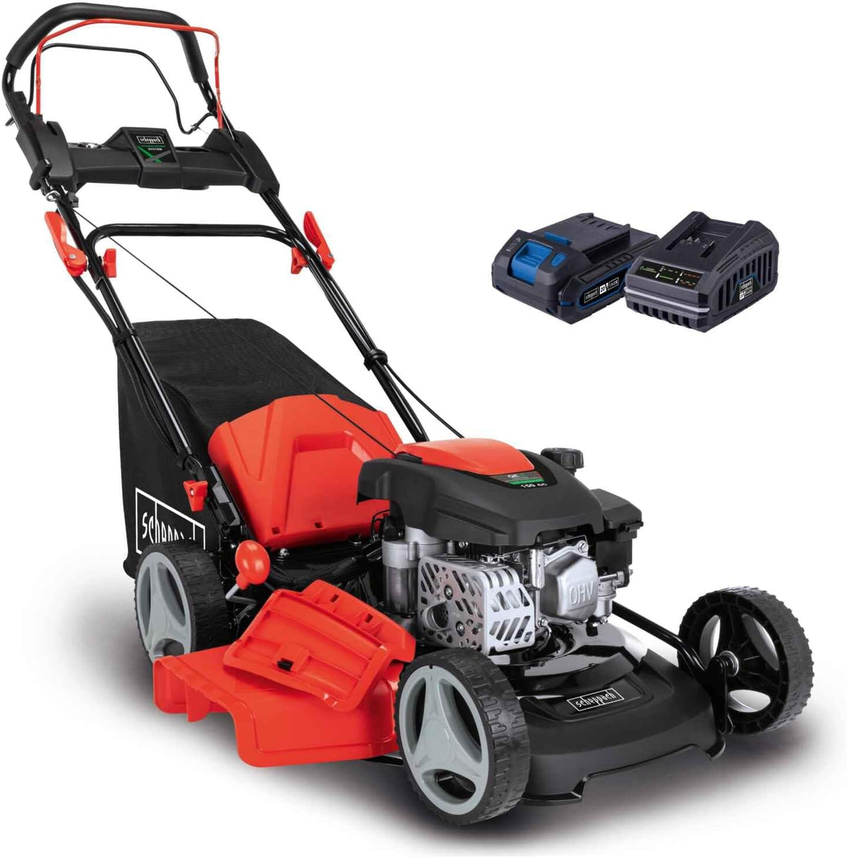 Scheppach Rasenmäher, 55 Liter, 46 cm, Rot/Schwarz/Silber, MS150-46E Benzin mit E-Start, Schnittbreite, Reinigungsfunktion