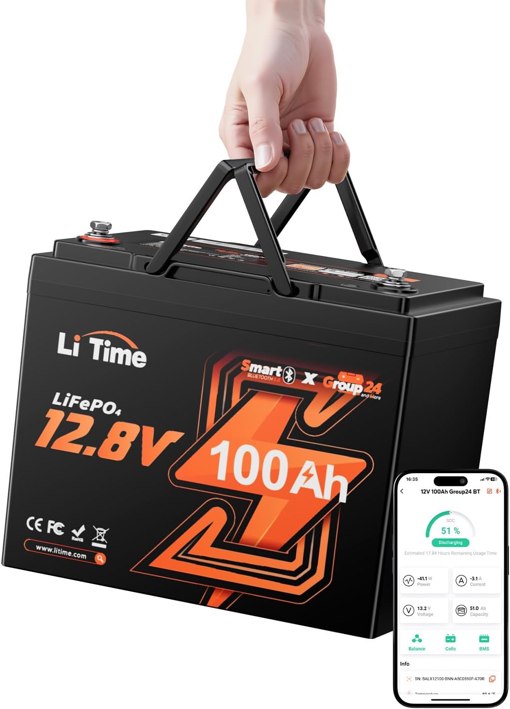 Litime Deep-Cycle-Batterien, 1280 Wh, 100 Ah, 12 V, Schwarz, LiFePO4 Batterie Gruppe 24 Bluetooth, Lithium Batterie mit 100A BMS und Low-Temp-Schutz