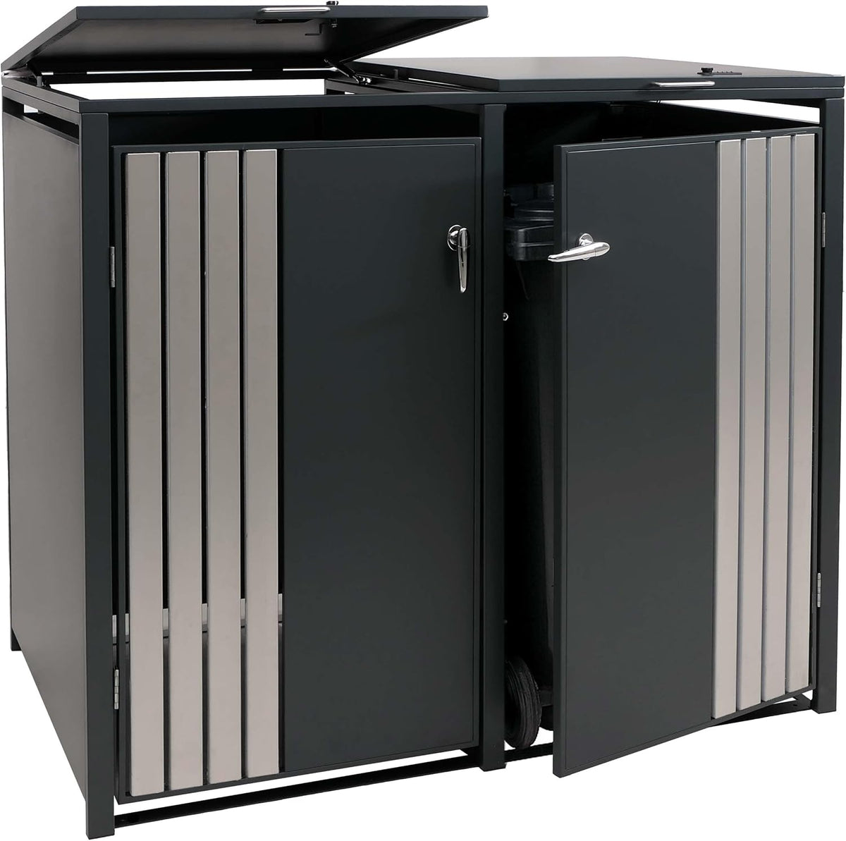 Mendler Mülltonnenbox, 122x132x84 cm, 53 kg, Anthrazit/Edelstahl, 2er-Mülltonnenverkleidung HWC-O67, mit Deckel, Metall - anthrazit Edelstahl