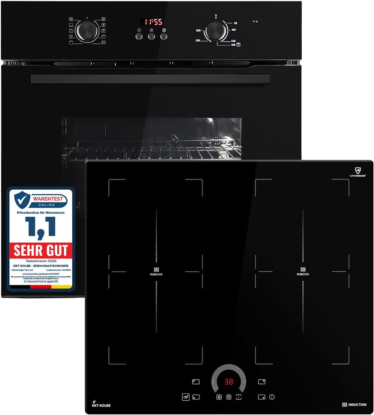 KKT KOLBE Backofen, 60 cm, 59 cm, Schwarz, Autarkes Herdset, Einbau BO8005FB, Induktionskochfeld IH85904FZ, Grill