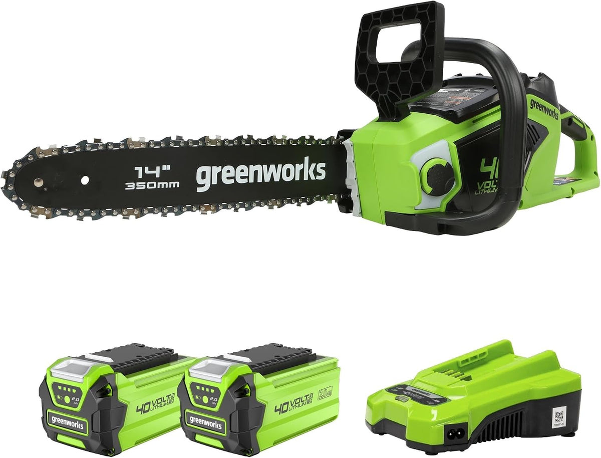 Greenworks Kettensäge, 3,5 kg, 35 cm, 12 m, 40 V, Grün/Schwarz, GD40CS15 Akku mit bürstenlosem Motor, 14-Zoll Blattlänge