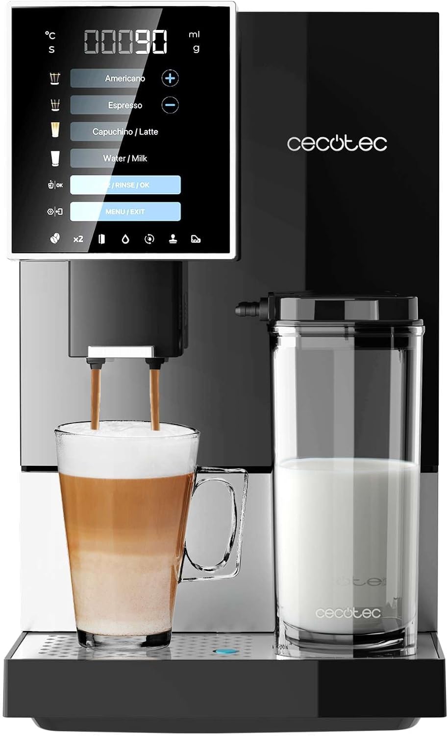 Cecotec Kaffeemaschine, 19 Bar, Schwarz/Silber, Milchbehälter, Thermoblock-System, 5 Mahlstufen, 150 g Kaffeespeicher