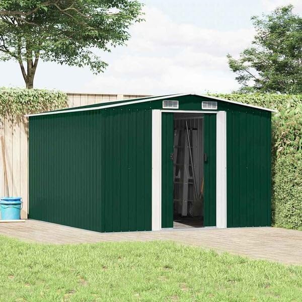 Woonisher Gerätehaus, 257x298x178 cm, Verzinkter Stahl, Grün/Silber, Metall Grün, Fahrradschuppen Gartenbox Mit Doppel-Schiebetüren