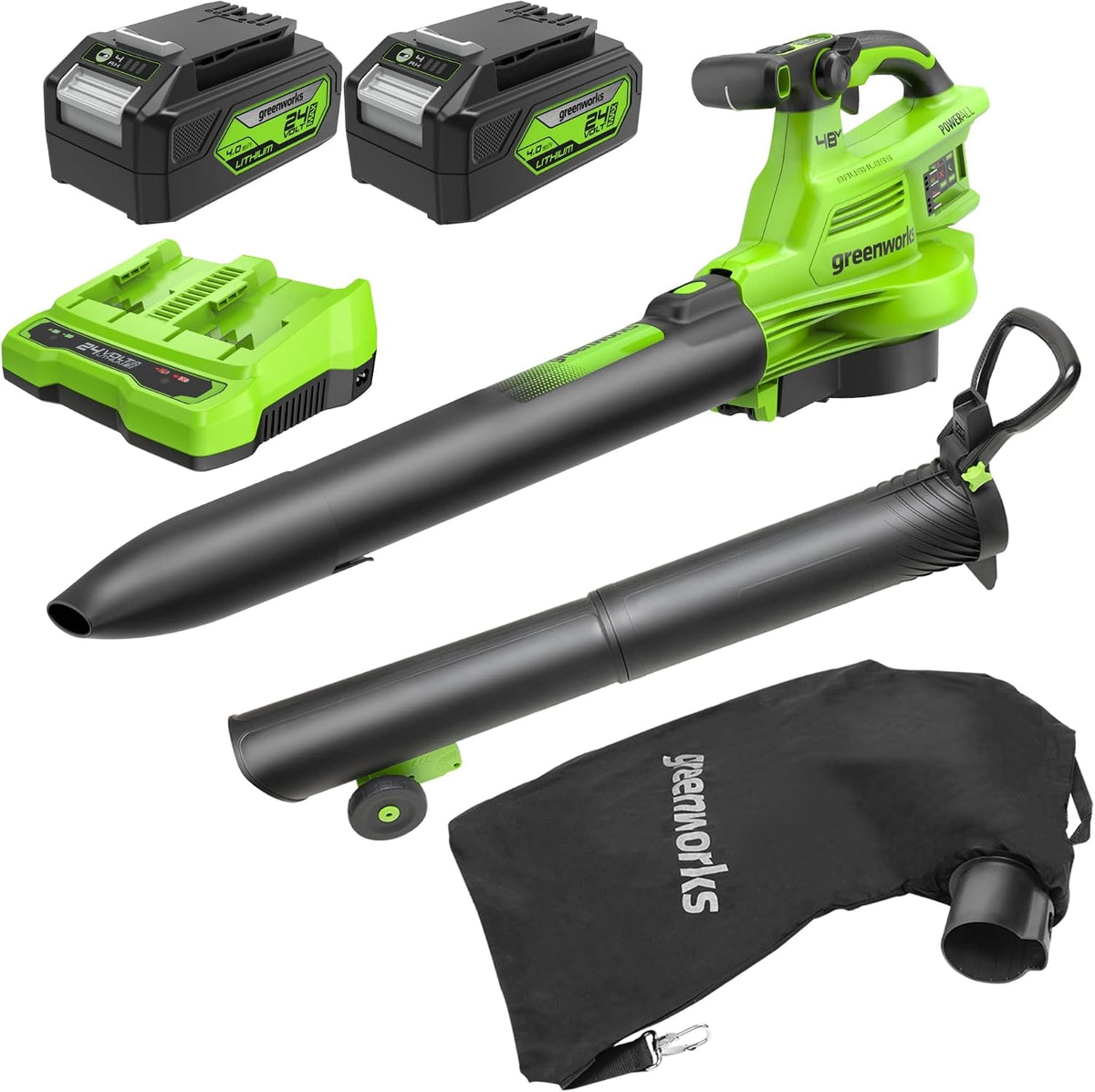 Greenworks Laubbläser, 14.73 m, 48 V, 24 V, 45 L, Grün/Schwarz, ( x 2) Akku Laubsauger - mit Schultergurt, bürstenloser Motor