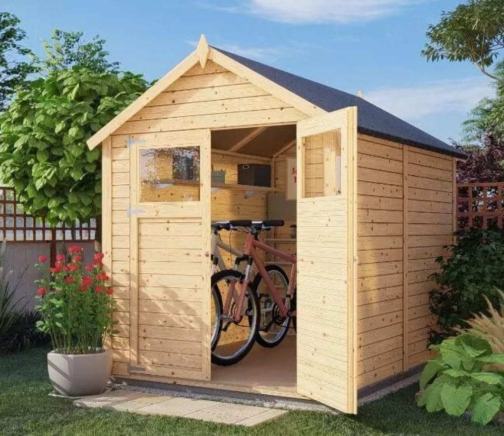 Gerätehaus Alpholz, 202 x 252 cm, 14 mm, Natur/Scharz, Alisha aus Fichten-Holz, Gartenhaus mit Wandstärke, Holzhaus inklusive Montagematerial