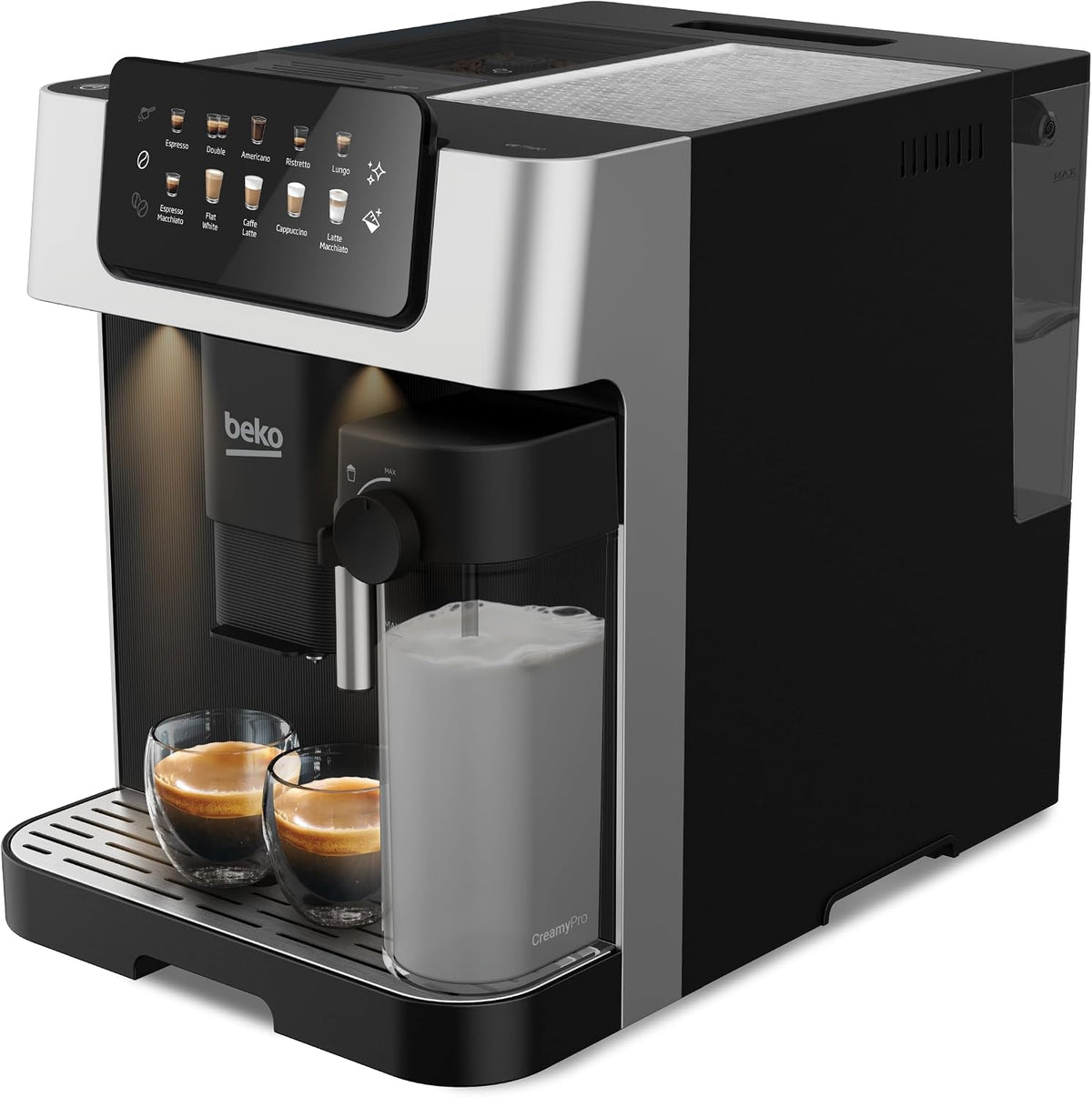 Beko Kaffeevollautomat, 19 bar, 34 cm, Schwarz/Silber, CEG7304X - mit Milchkännchen, digital, automatisches Vorschmelzen