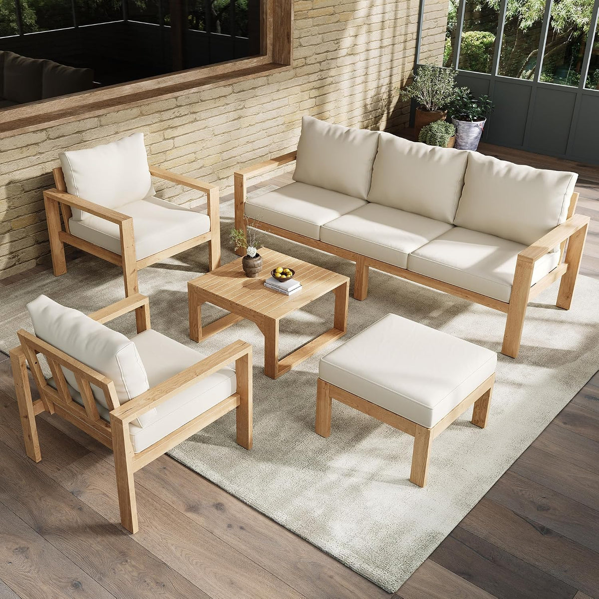 Sofa Merax, Natur/Creme, Gartenmöbel Set, aus Akazienholz, Outdoor Lounge mit 3-Sitzer, 2 Sessel, Fußhocker und Couchtisch