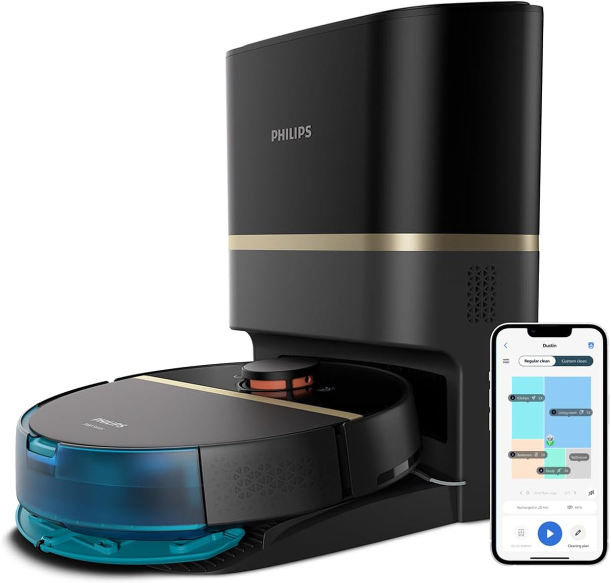 Philips Staubsauger, Schwarz/Gold/Blau, HomeRun 7000 Serie Roboter- und Wischmopp, Ultra-starke 5000 Pa Saugleistung