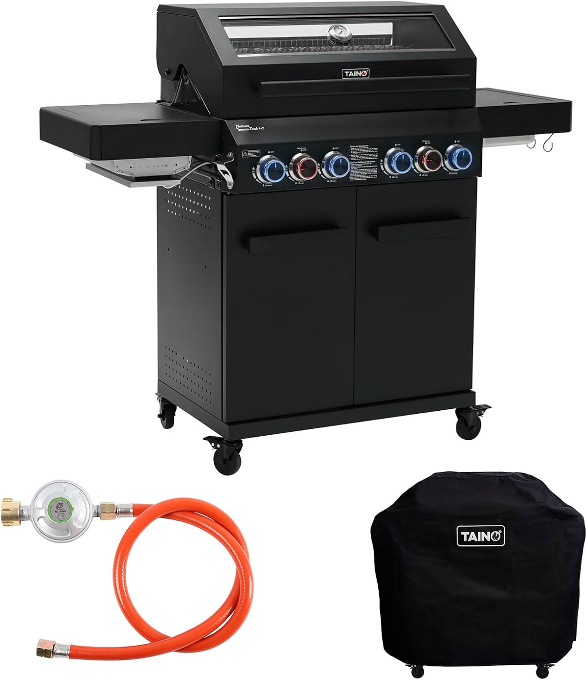 TAINO Gasgrill, Schwarz/Orange, PLATINUM YAMARA DARK 4+2 Set Stahl 4 Brenner Keramik
