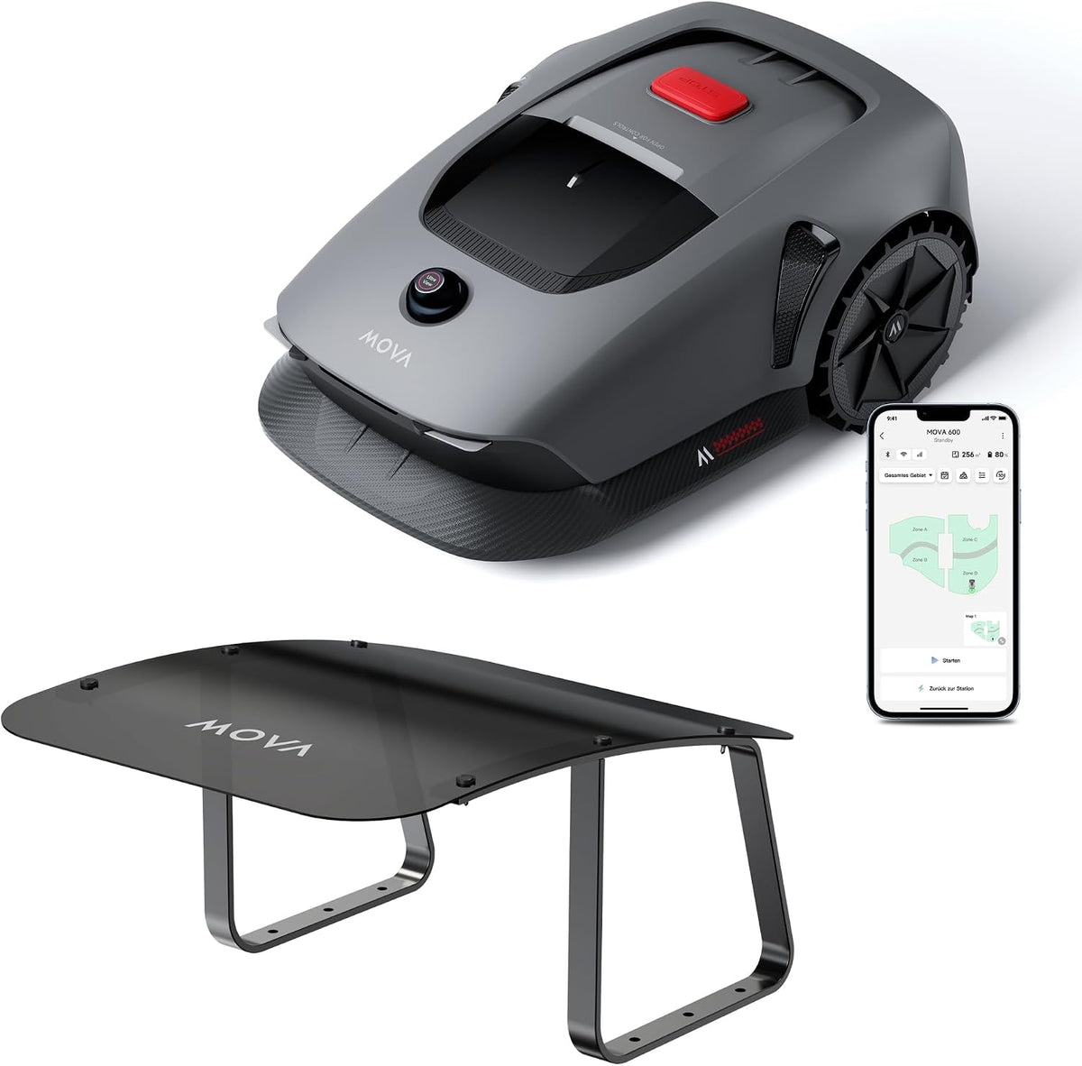 Mova Mähroboter, 800 m, Grau/Schwarz, 600 Kit+Garage Combo, Rasenmäher Roboter mit 81x Ersatzmesser, 3D-LiDAR ohne Begrenzungskabel