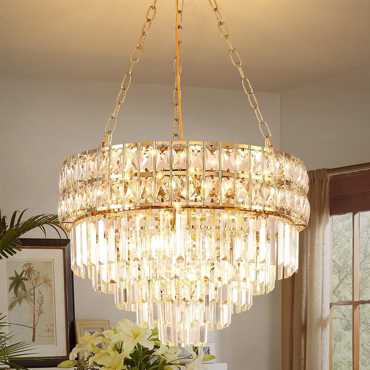AOOCHOK Hänge- & Pendelleuchten, 55 cm, Rostfreier Stahl + Kristall, Gold/Transparent