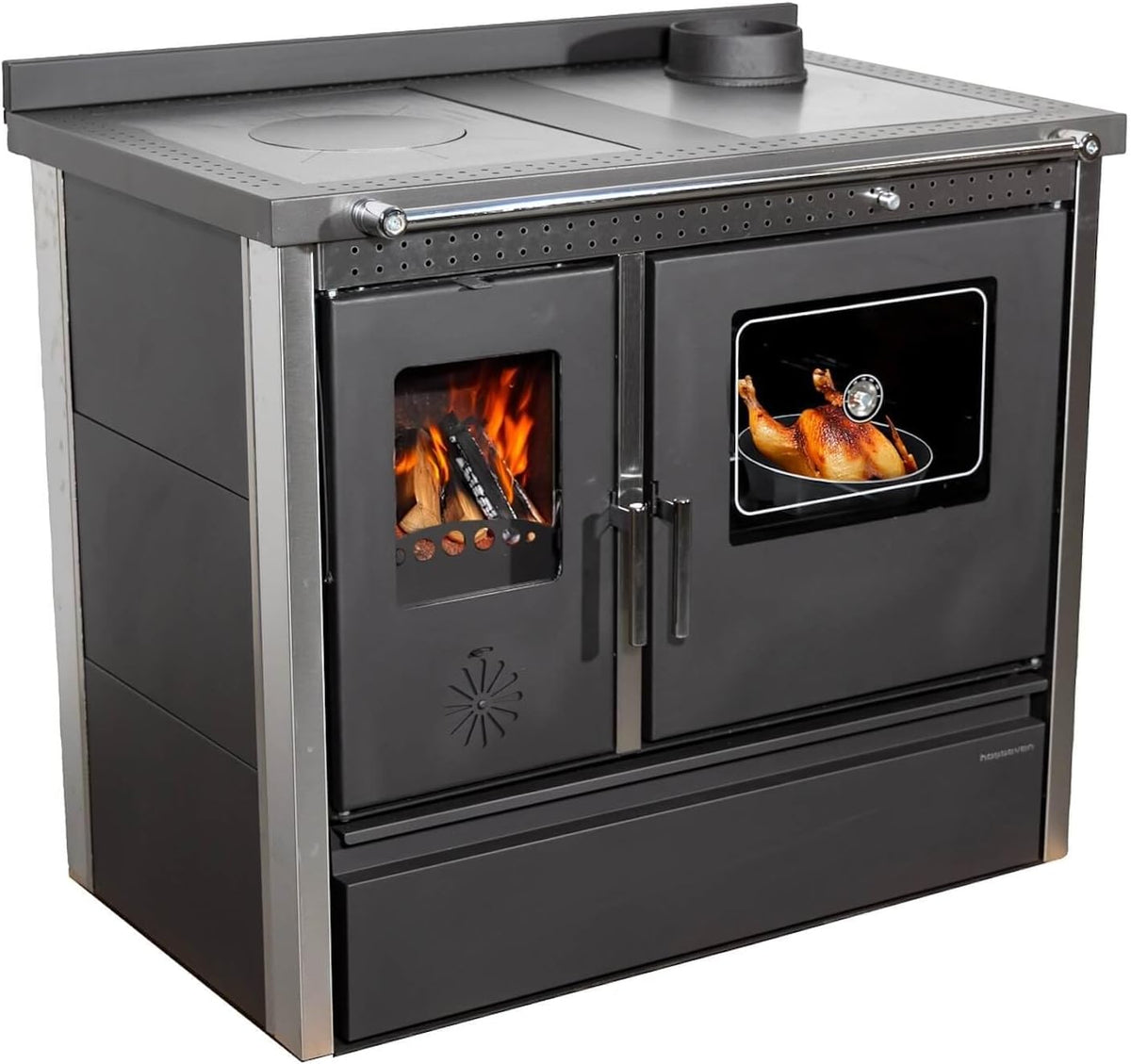 Hosseven Kaminofen, 11 kW, Schwarz, mit Backfach und Herdplatte 4050 Lotus Inox Holzofen Holz