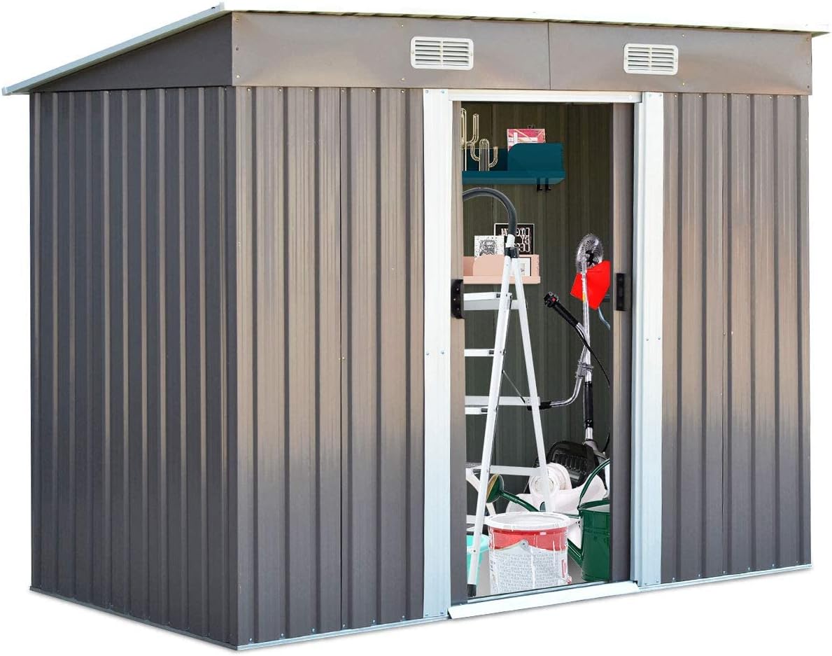 GOPLUS Gerätehaus, 238 x 131 x 181 cm, 4 L, Grau, Metall, Geräteschuppen Outdoor wetterfest, Garten Schuppen mit 2 Schiebetüren