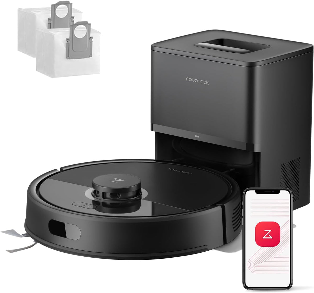 roborock Saugroboter, Schwarz, Q7 L5+ Set mit Wischfunktion Absaugstation, verbessert von Q5 Pro+, Dual Anti-Tangle System
