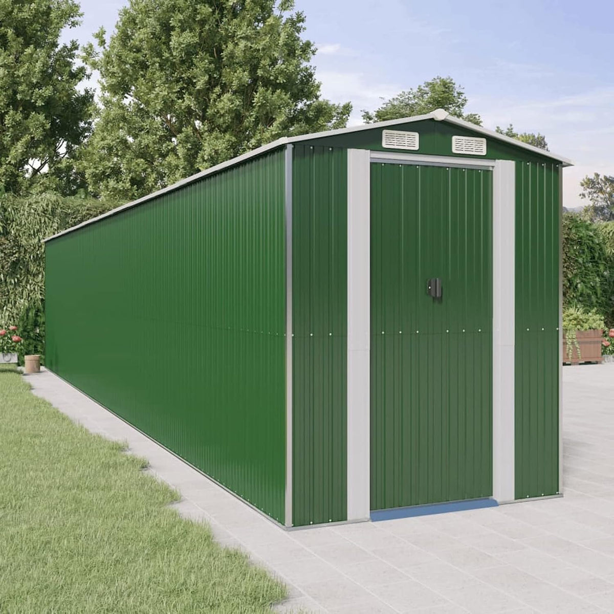 Gerätehaus Gecheer, 192x1021x223 cm, Grün, Geräteschuppen Metall Gartenhaus Gartenschuppen