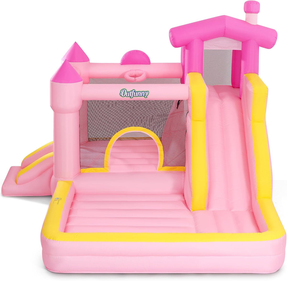 Outfunny Hüpfburgen, 450 W, Pink/Gelb, Hüpfburg groß für Kinder, Aufblasbare Hüpfburg Indoor & Outdoor mit Gebläse