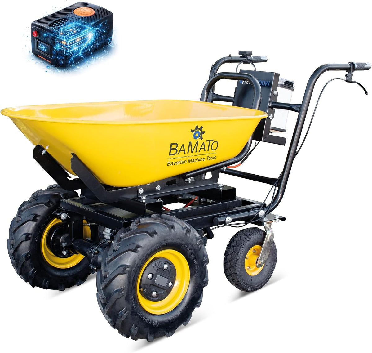 BAMATO Schubkarren, 100 Liter, 300 kg, 300 W, 400 W, Gelb/Schwarz, Elektrische Schubkarre MTR-, Elektroantrieb, Traglast