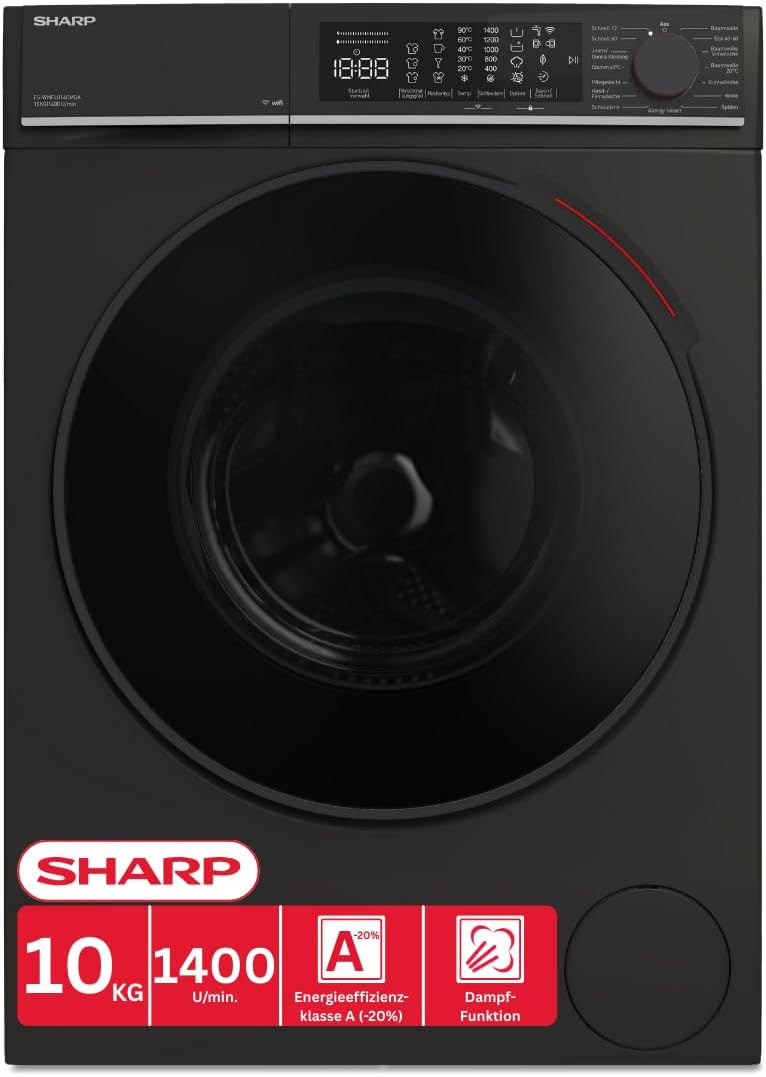 SHARP Waschmaschine, 10 kg, Schwarz, ES-WNFL014CMDA-DE, 1400 U/min, Energieklasse A, Inverter Motor, WiFi, AquaStop