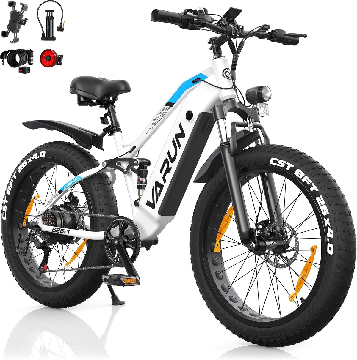 VARUN Mountainbike, 18AH, 250 W, 48 V, Weiß/Schwarz, E Bike, E-Bike Herren mit 26 * 4.0' Fat Tire, Akku, Bis zu 150 KM