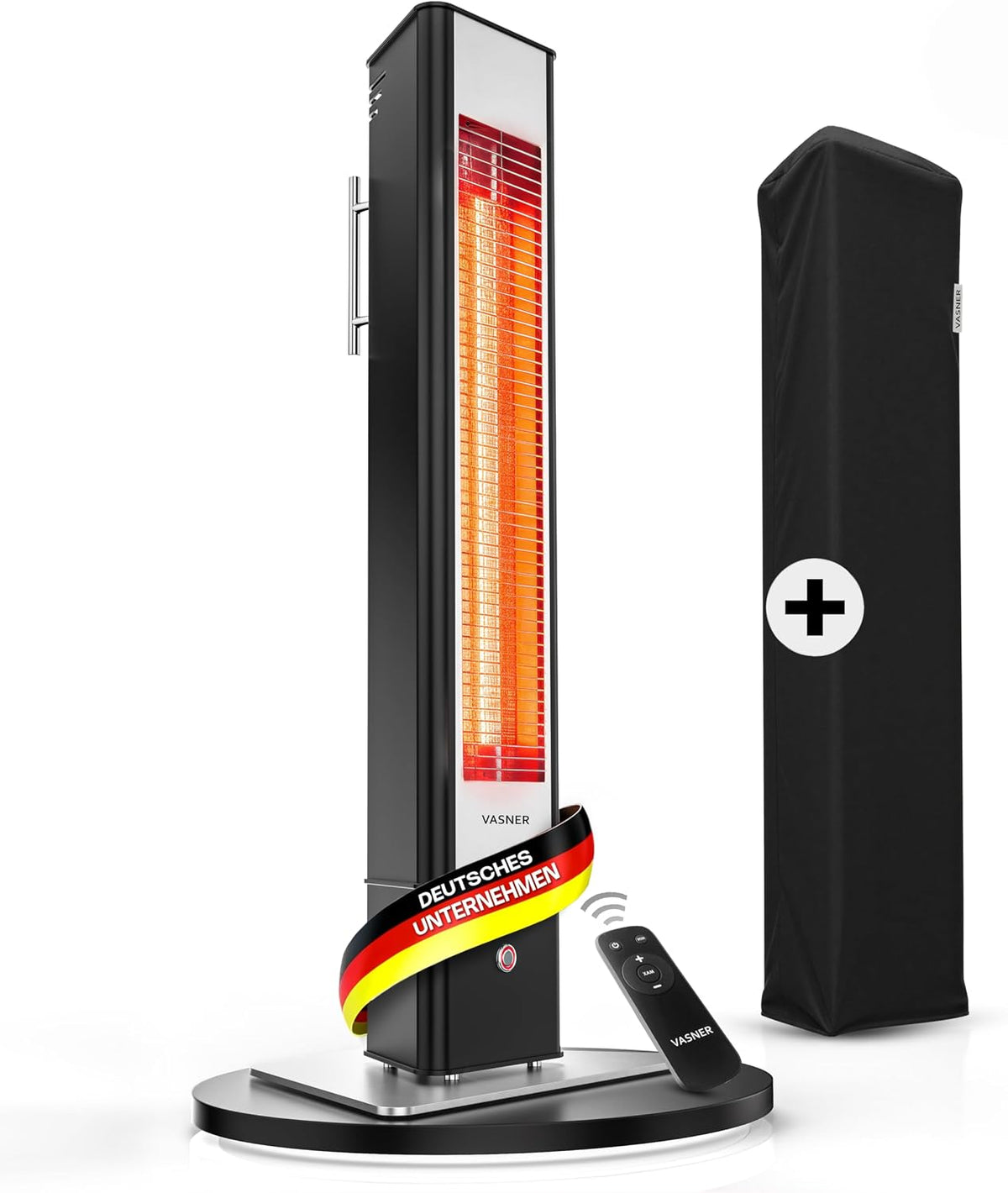 VASNER Heizstrahler, Schwarz, HeatTower + AirCape, Infrarot Stand 2500 Watt mit Abdeckhaube, Terrasse, 4 Heizstufen