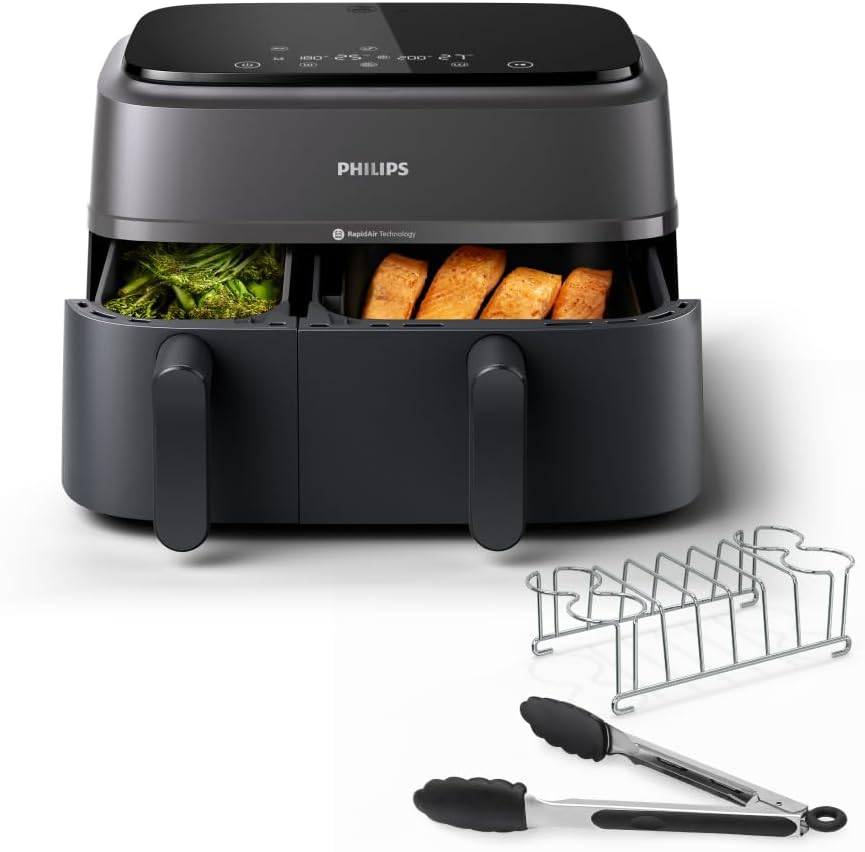 Philips Heissluftfritteuse, 9 L, Schwarz, Airfryer 3000 Series Dual Basket, Heißluftfritteuse mit 2 Körben und Frühstücks-Set