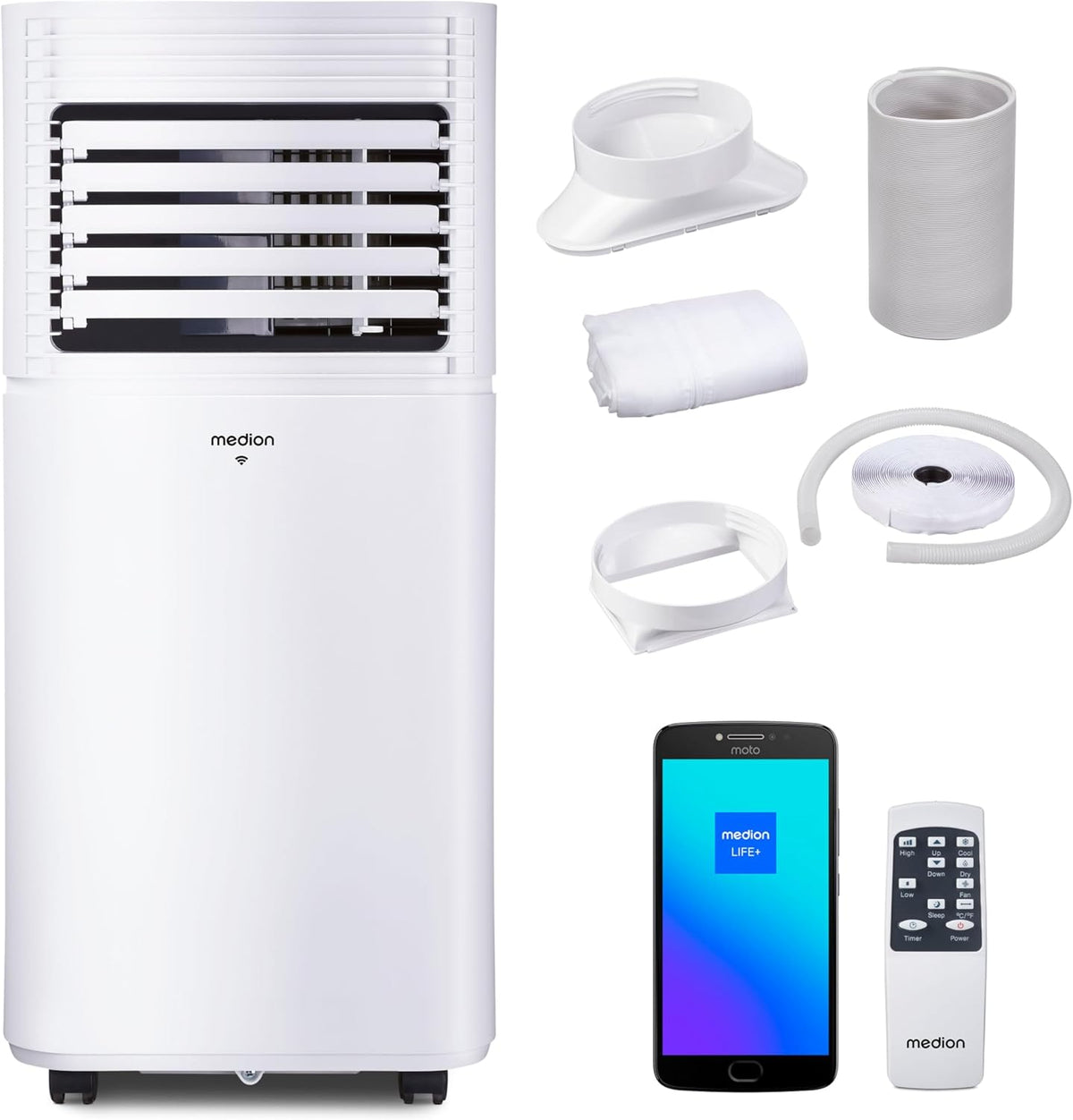 MEDION Tablet, 25m, Weiß, Smarte Mobile Klimaanlage mit Abluftschlauch P701 (7000 BTU, mobil, inkl. Fensterabdichtung