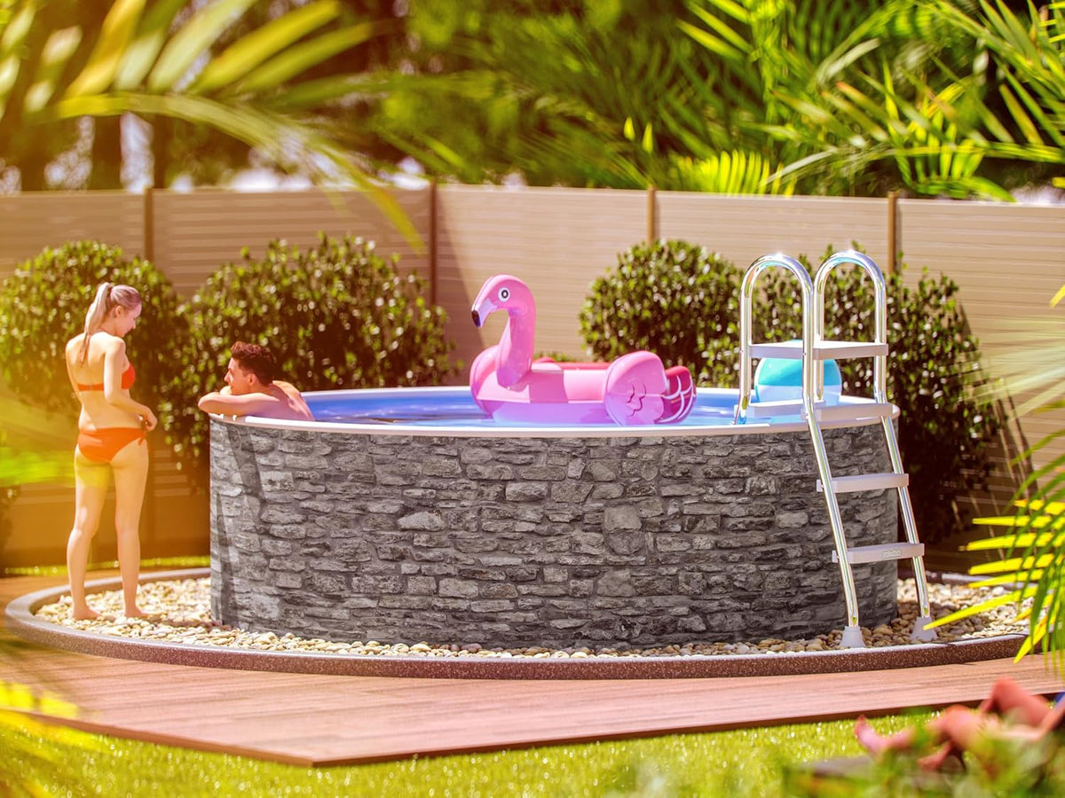 poolomio Stahlrahmenpool, 460 x 120 cm, 0,5 mm, Grau/Blau, ® Stahlwandpool rund Steinoptik, Robuster Gartenpool als Aufstellbecken oder Einbaupool