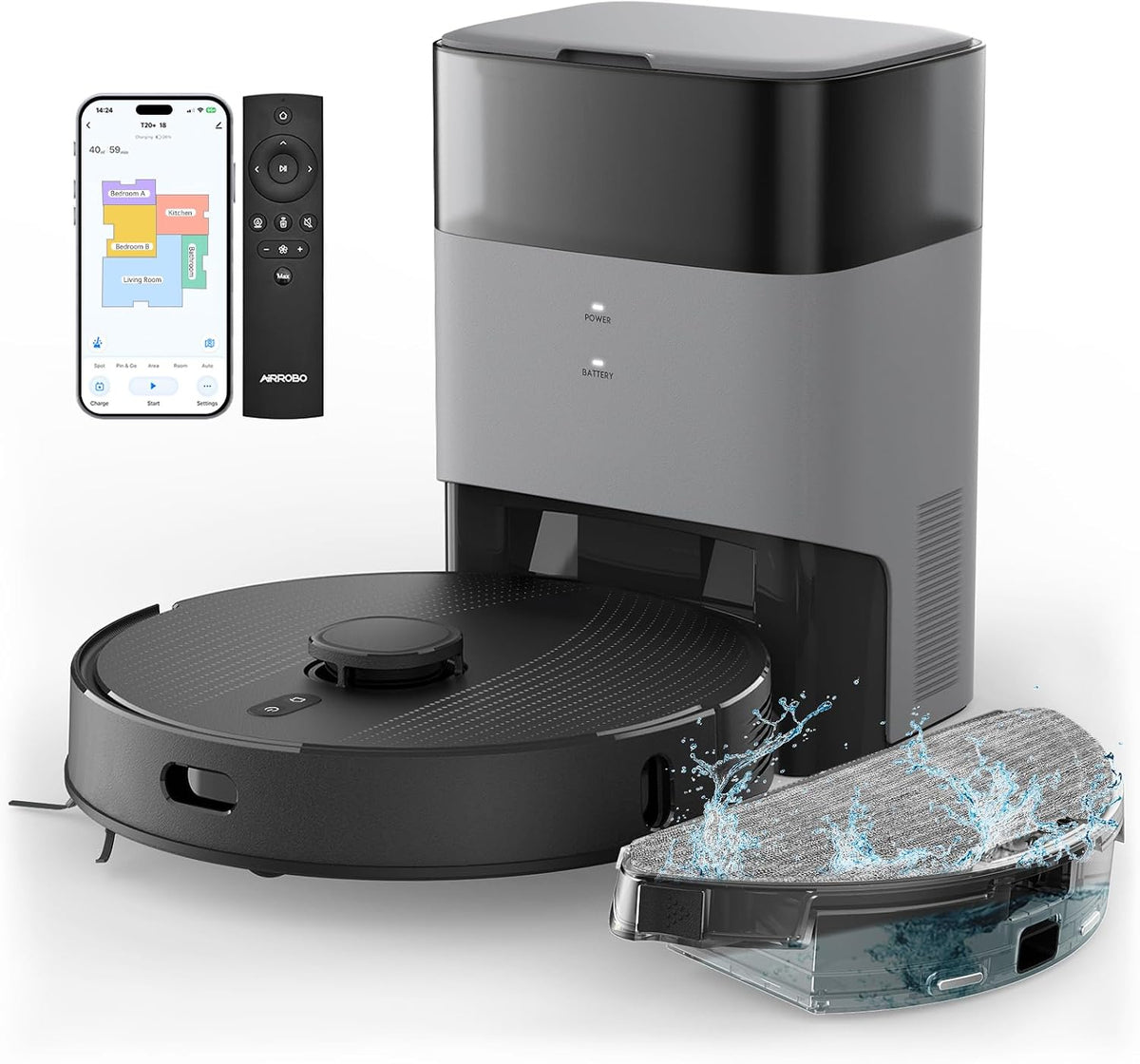 AIRROBO Saugroboter, 3.5 L, Schwarz/Grau, T20+ mit Wischfunktion, Staubsauger Roboter mit Absaugstation, 180Min Laufzeit