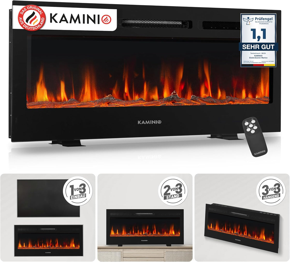 KAMINIO Elektrokamin, 42 Zoll, Schwarz, Marlon - Elektrischer 3-in-1 Kamin mit Heizung, 3D-Flammeneffekt, 12 Flammenfarben