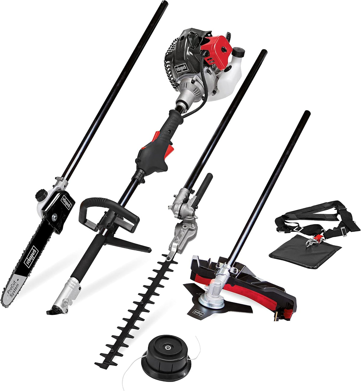 Scheppach Rasentrimmer, 250 mm, Schwarz/Rot/Silber/Weiß, Benzin Motorsense MFH5200-4P Multigartengerät, 4in1 Multitool Garten