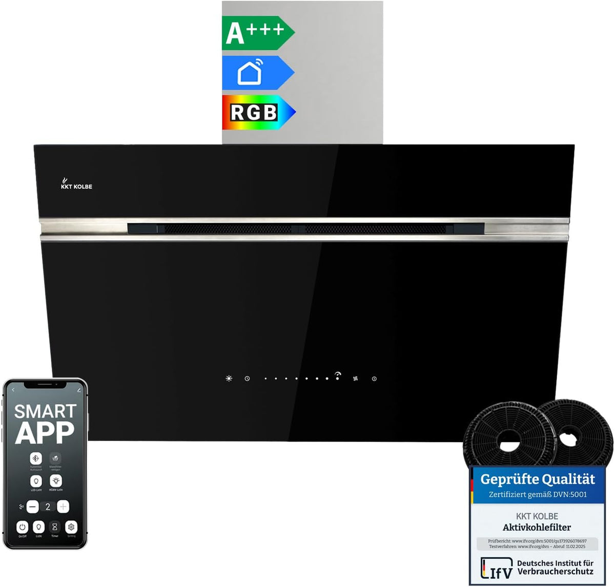 KKT KOLBE Dunstabzugshaube, 80 cm, Schwarz/Silber, A+++ 782 cbm/h Umluft Abluft Kopffrei Wandhaube, Schwarz Silber Edelstahl