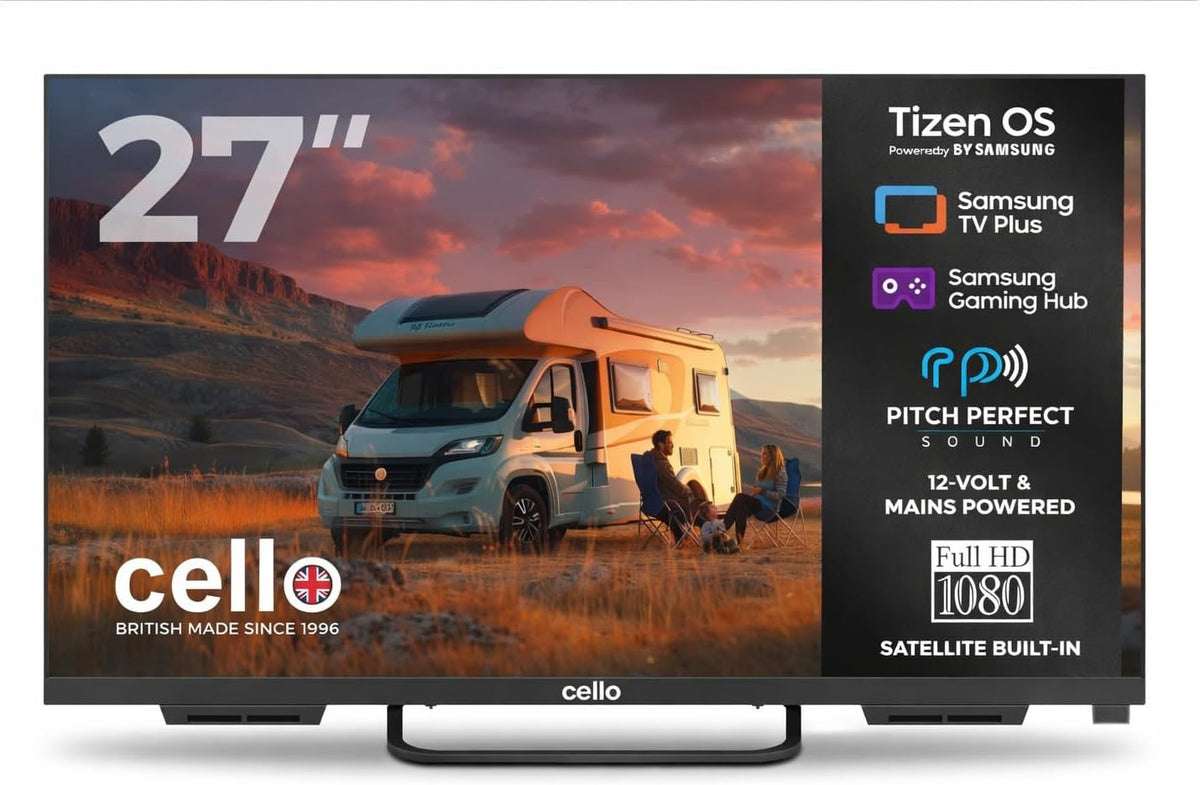 Cello Fernseher, 12 V, Schwarz, CTRAV-27TZ 27' Smart Traveller-TV mit Tizen OS von Samsung, Satellitenempfang, Gaming Hub