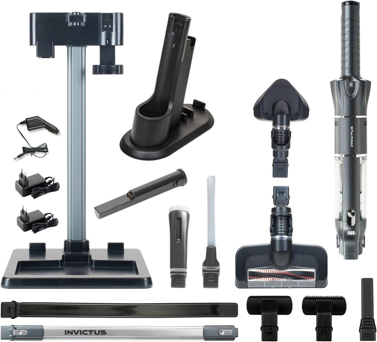 Genius Staubsauger, Schwarz/Grau, Invictus ONE 3.0e Hand 19 TLG. kabellos, beutellos, Akku . Ultra leicht, für Haus und Auto