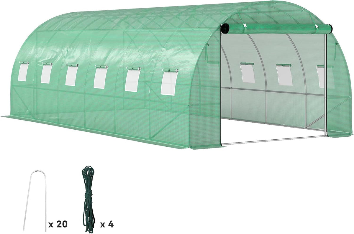 Outsunny Gewächshaus, 300x600x200 cm, Grün, Folien Tomatenhaus mit Tür, 12 Fenster, Folientunnel aus verzinktem Stahl