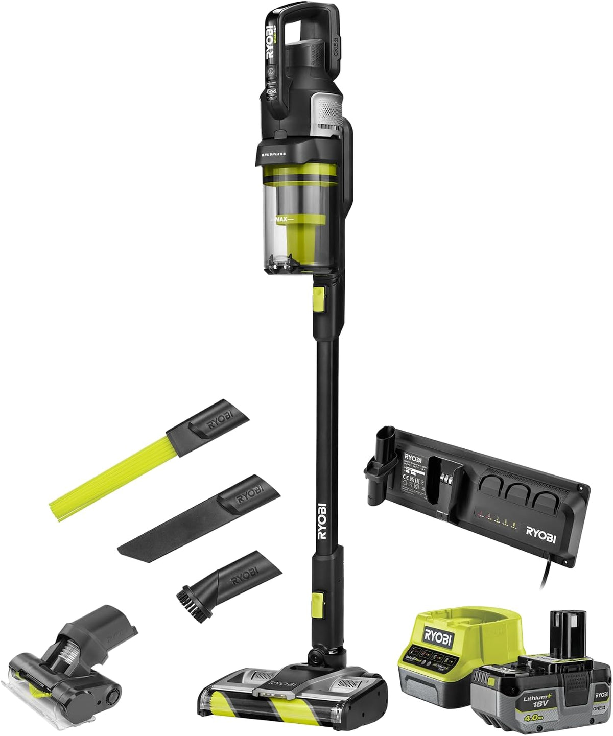 RYOBI Staubsauger, 18 V, 4 Ah, Schwarz/Gelb, ONE+ Brushless Bodenhandsauger RASV18BL-1C40GL, 135 AW Saugleistung