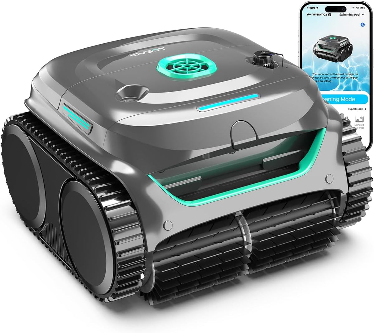 WYBOT Poolroboter, Grau/Grün, C2 Akku Boden und Wand für Einbaupools bis 150㎡, Doppelfiltration, 3-Fach Motor, Starke Saugkraft