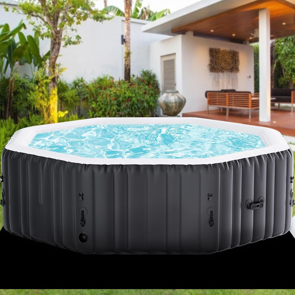 ZIKEBTUY Aufblasbare Pools, 195x195x63.5 cm, Schwarz/Weiß, Whirlpool Outdoor Aufblasbar 4-6 Personen Hot Tub badewanne