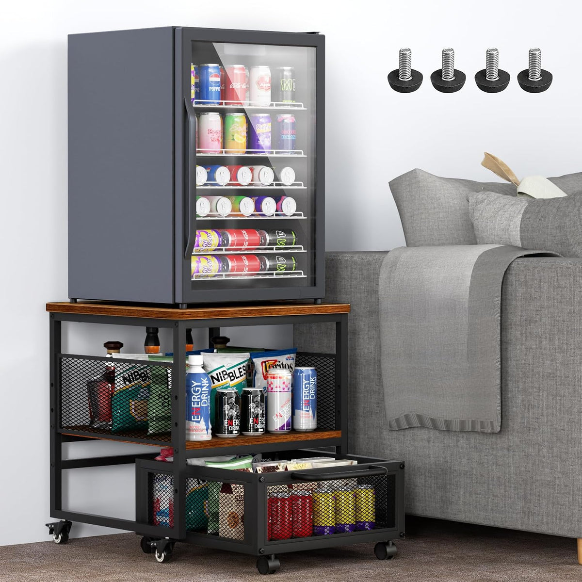 Guliu Mini-Kühlschrank, 53,3 x 53,3 cm, 100 kg, Grau/Schwarz/Braun, ständer mit Stauraum, robuster tisch mit 4 feststellbaren Rädern für Kaffeebar