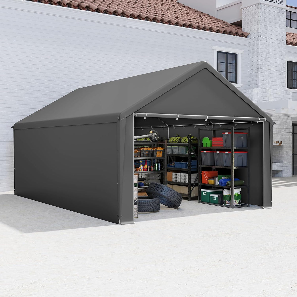 AufuN Carports, Grau, Carport Zeltgarage 4x6m, Wasserdichtes Lagerzelt mit PE-Dach, Reißenresistenter Garagenzelt mit abnehmbaren Seitenwänden