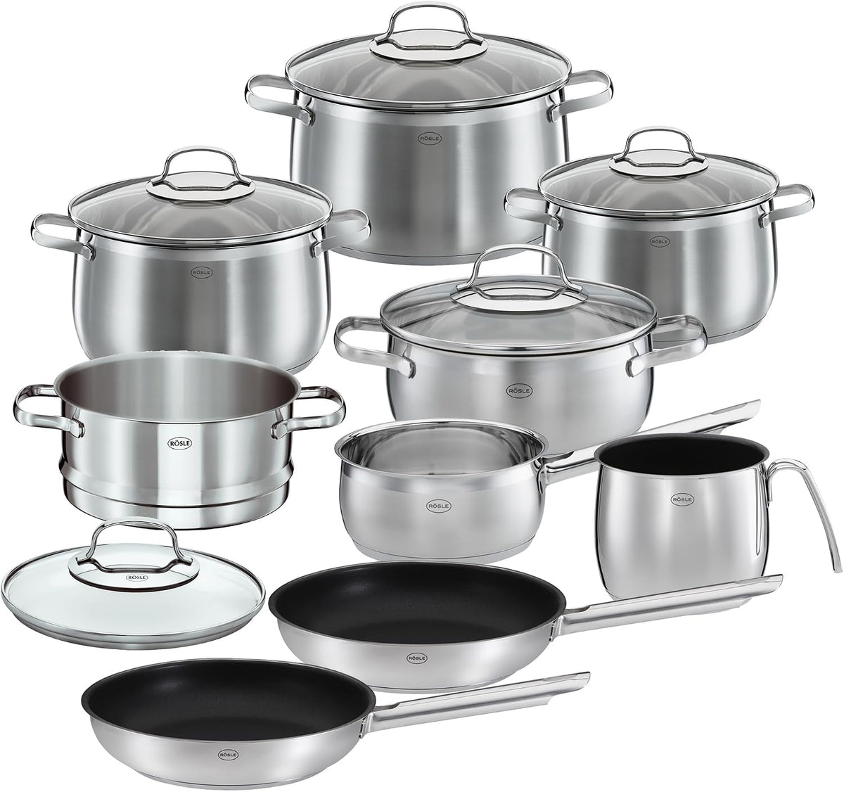 RÖSLE Backofen, Silber, ELEGANCE GLOBE Topfset 10-tlg., 1 Dämpfeinsatz, 2 Bratpfannen im Set, Edelstahl 18/10, mit Glasdeckel