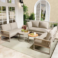 Sofa Lahoomu, Beige, Garten-Lounge-Set, Möbelset für 6-7 Personen, Eck mit verzinktem Eisengestell, verstellbare Beine