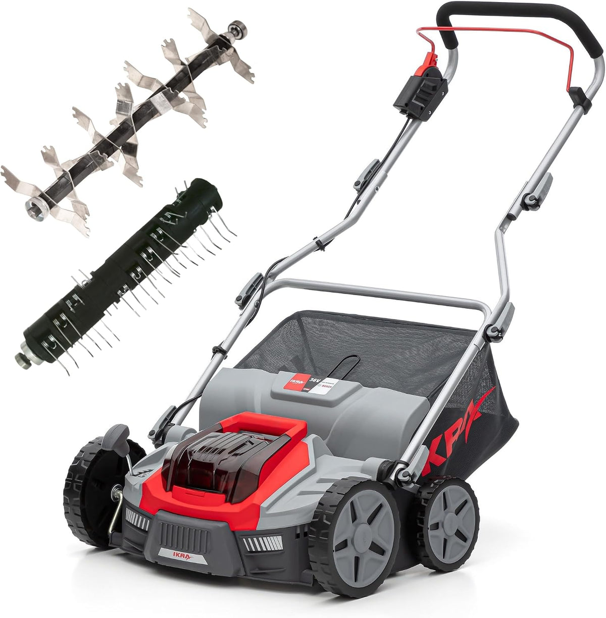 IKRA Vertikutierer, 36 cm, 36 V, 45l, Grau/Rot/Schwarz, BOSCH Akku 3in1 Rasenlüfter IB-SR 36, Fangkorb, Arbeitsbreite