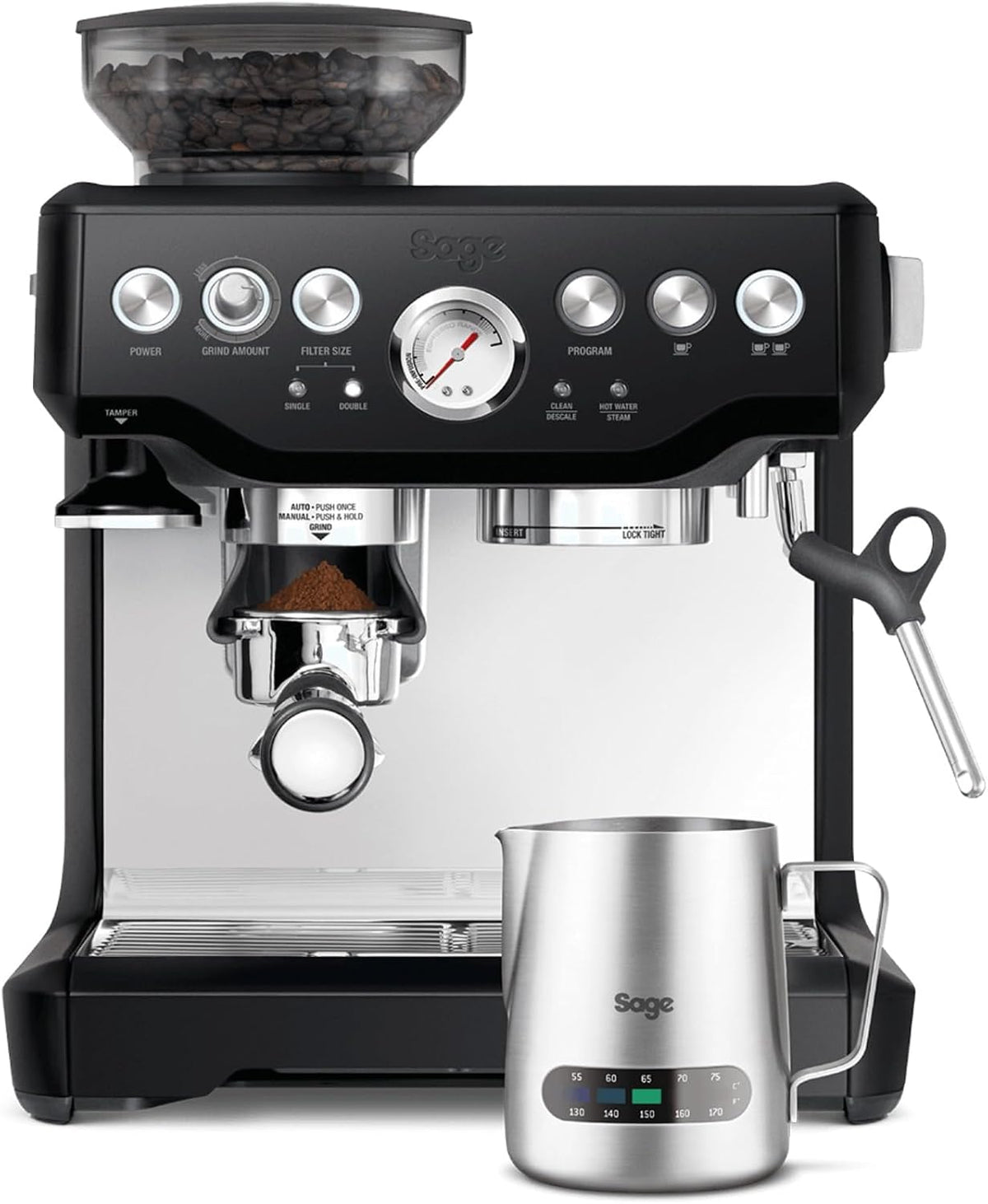 Sage Milchaufschäumer, Schwarz/Silber, The Barista Express - Kaffeemaschine mit manuellem &, individueller Milchschaum - Milchkännchen