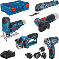 Bosch Professional Elektrowerkzeug, 2.0 Ah, 3.0 Ah, 12 V, Blau/Schwarz/Rot, System Combo Kit: GSR -15 FC (+4x Aufsätze) + GHO -20 + GWS