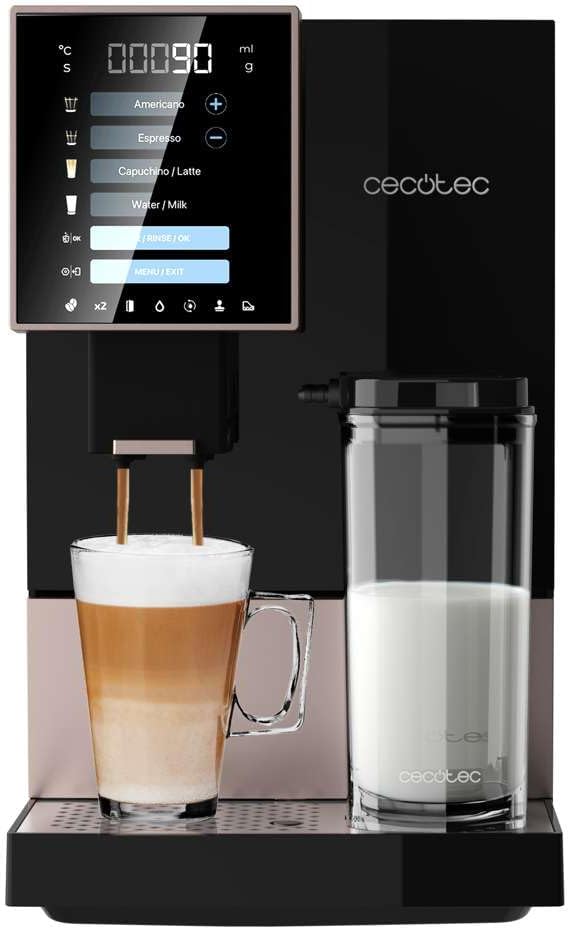 Cecotec Kaffeemaschine, 19 Bar, Schwarz/Rosa, Milchbehälter, Thermoblock-System, 5 Mahlstufen, 150 g Kaffeespeicher