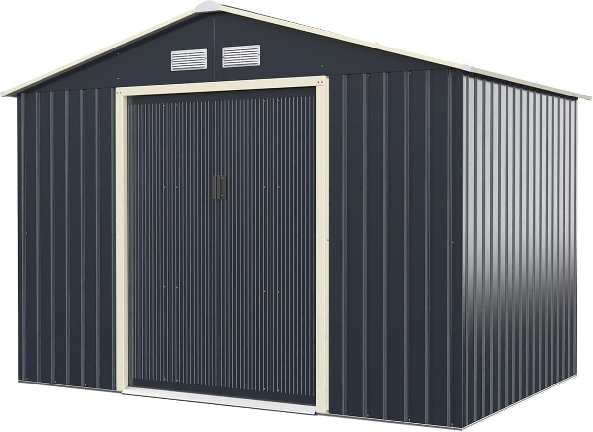 GOPLUS Gerätehaus, 277 x 191 x 202 cm, 5,29 m, Dunkelgrau/Beige, Metall ², Geräteschuppen mit Schiebetür, Satteldach